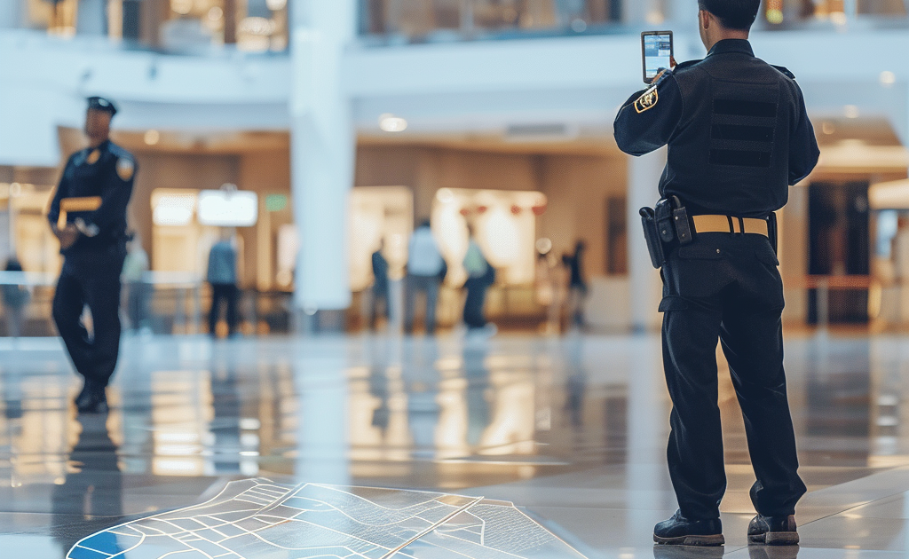 A security officer, in a mall, holding a phone scanning something, a map diagram at the bottom of the image