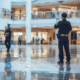 A security officer, in a mall, holding a phone scanning something, a map diagram at the bottom of the image