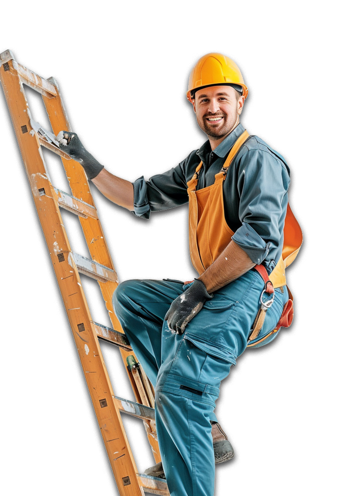 A painter, standing on a ladder, smiling.