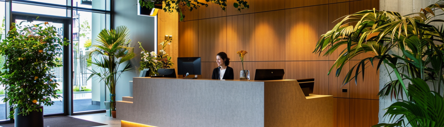 a receptionist at a check in counter, room has lots of greenery