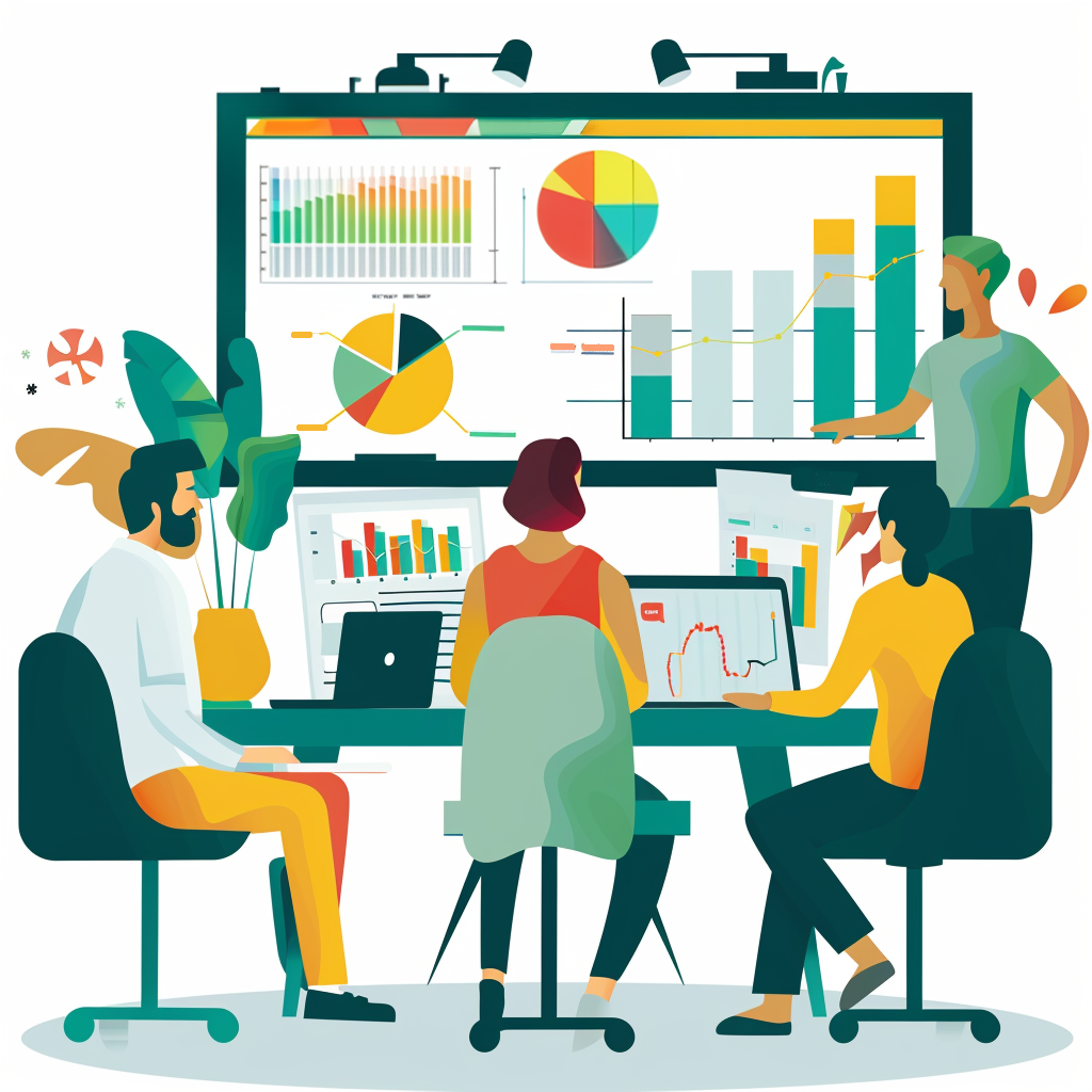 Vector art style graphic of office workers in a meeting, showing data and trend analysis, meant to represent workers incorporating high level data trends into their work flow.