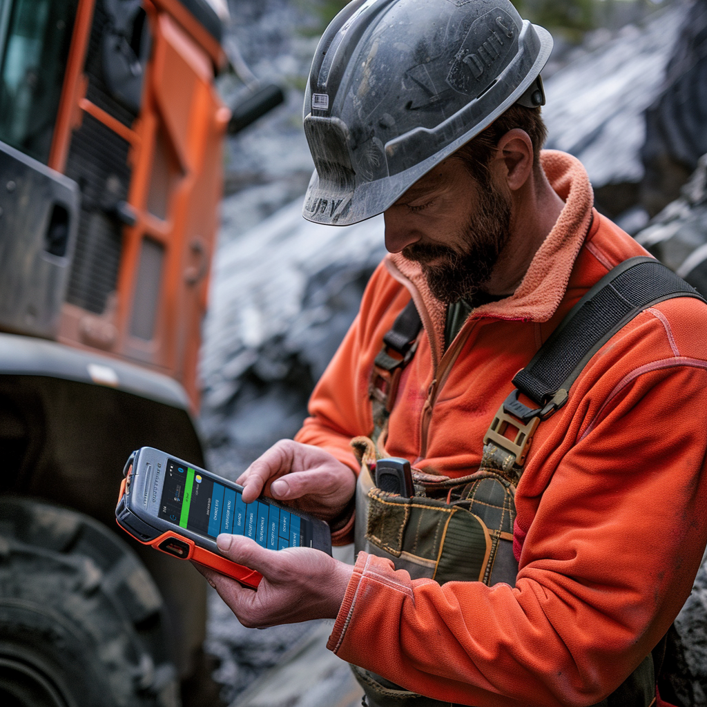 A construction worker, at a job site, using a rugged phone, displaying the MetricsGroup mobile app.