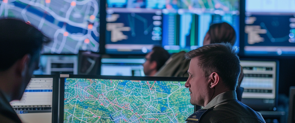 A man in working, using a terminal, showing different maps