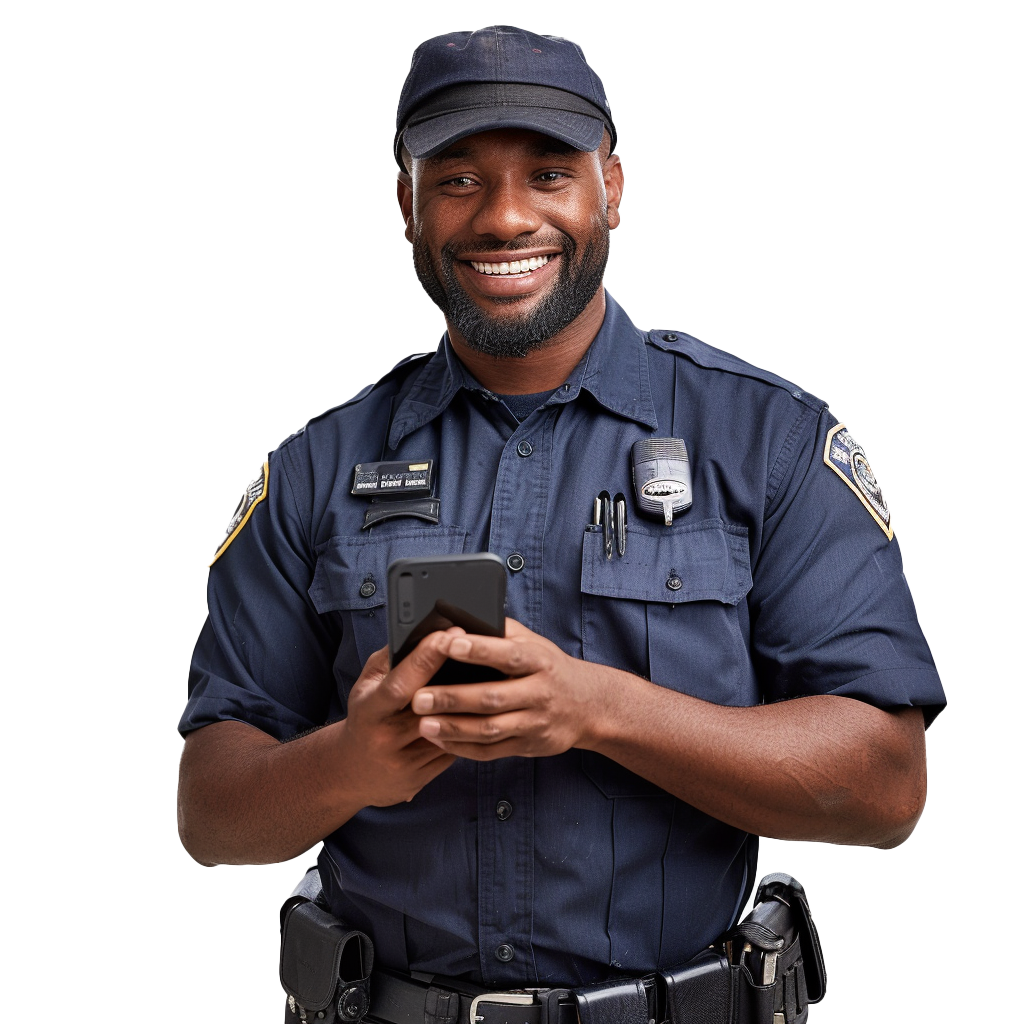 A security officer, smiling, holding a phone.