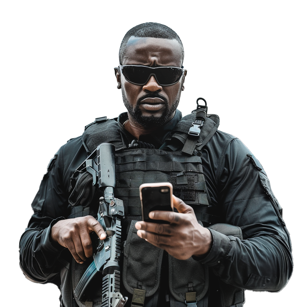 An armed security officer holding a phone and a weapon.