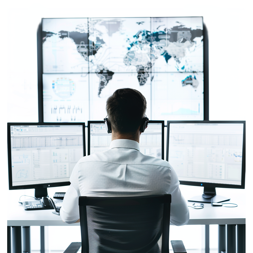 A man sitting at a computer terminals with multiple screens, in control.