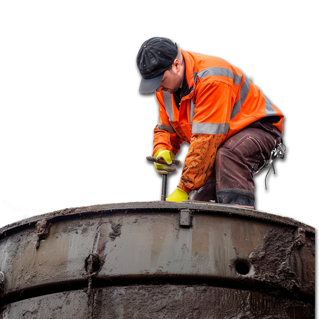 A man clearing a septic tank, looking down