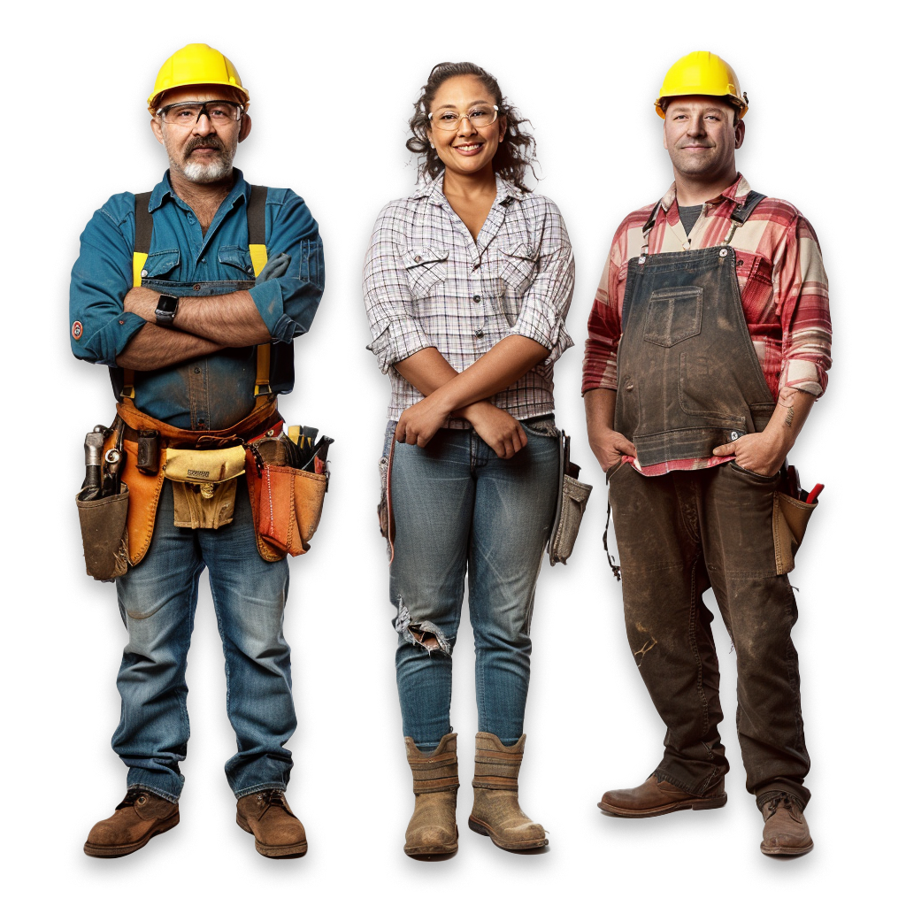 Three people standing, all wearing working outfits, smiling, arms crossed.