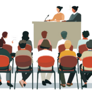 SVG style graphic of a group of people listening to two women give a presentation.