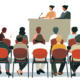 SVG style graphic of a group of people listening to two women give a presentation.