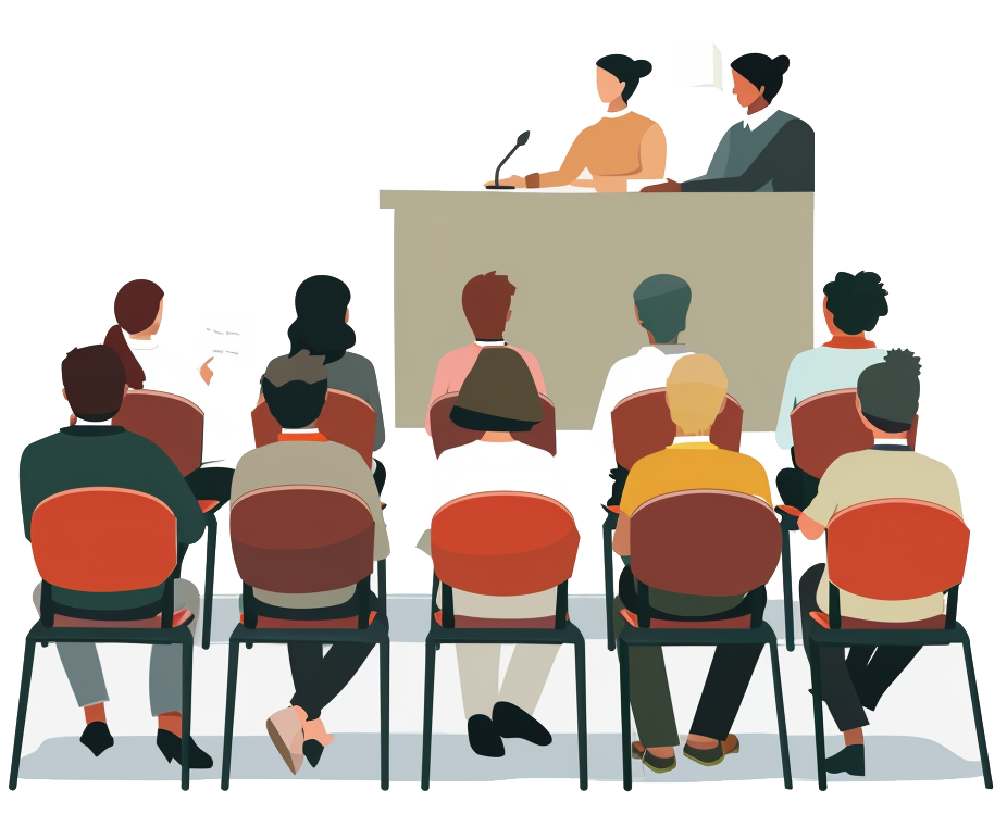 SVG style graphic of a group of people listening to two women give a presentation.