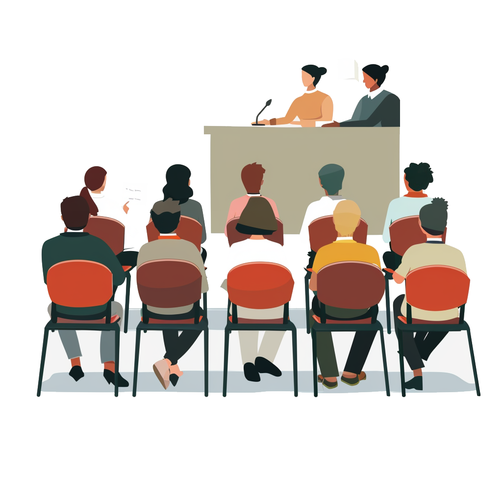 SVG style graphic of a group of people listening to two women give a presentation.