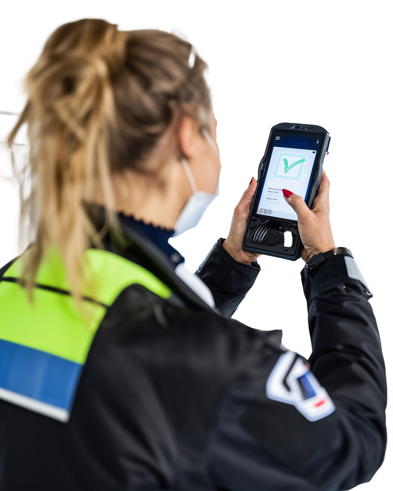 A woman, security officer, scanning something on her phone, showing a checkmark.