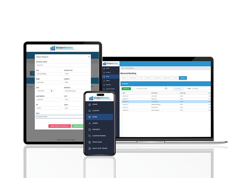 multiple devices displaying various screens from the VisitorMetrics suite of MetricsGroup.