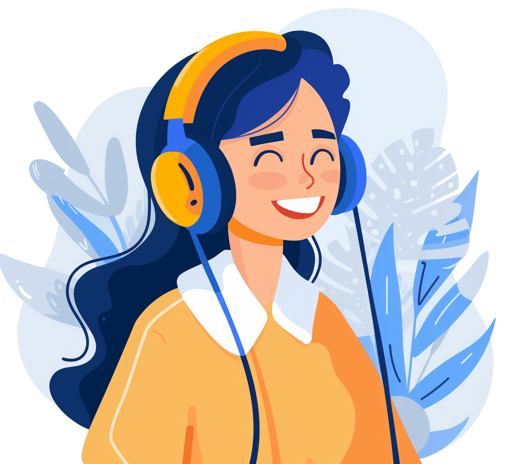 Vector style graphic of a woman wearing headphones, smiling, presumably happy.