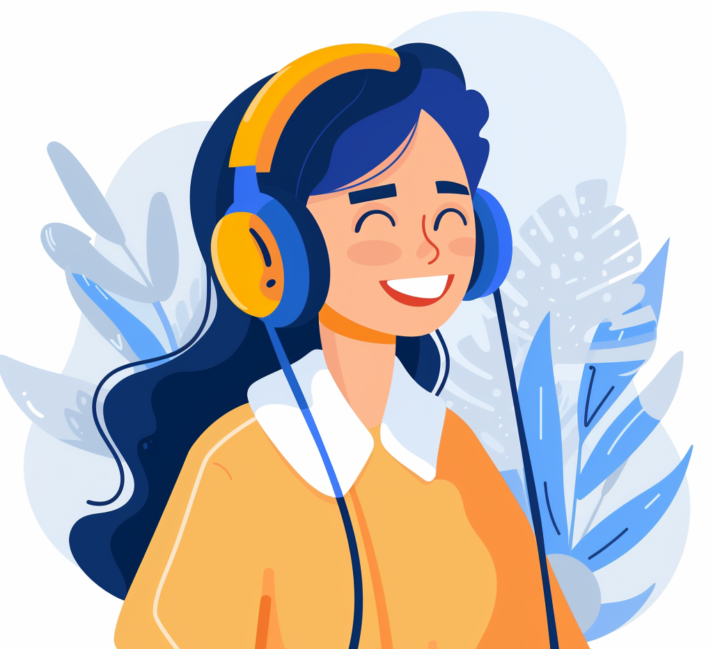 Vector style graphic of a woman wearing headphones, smiling, presumably happy.