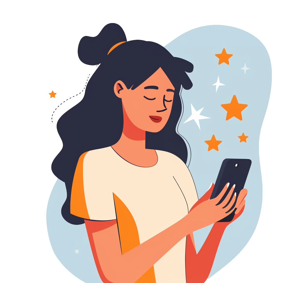 Vector graphic of a woman using a phone, with stars surrounding her, she appears happy.